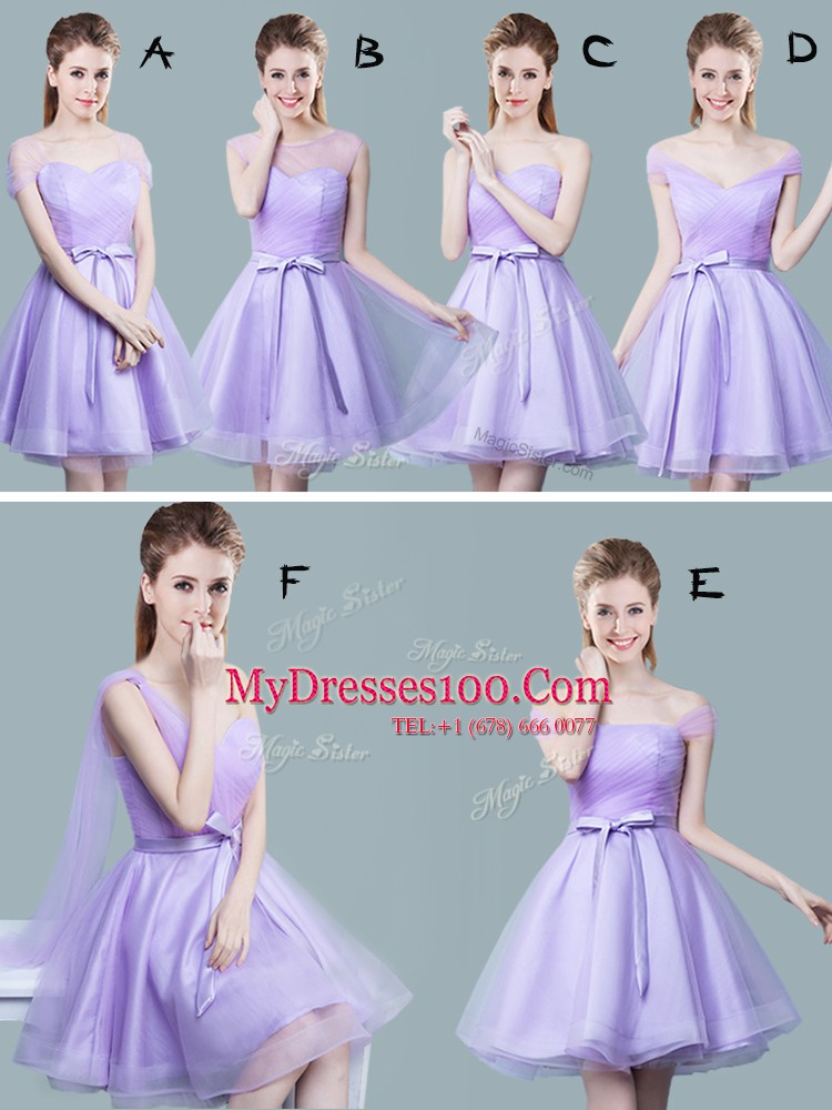 Glittering V-neck Cap Sleeves Zipper Bridesmaids Dress Lavender Tulle