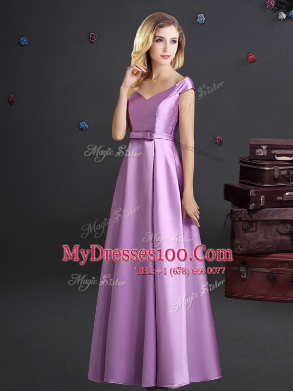 Dramatic Off the Shoulder Lilac Empire Bowknot Dama Dress for Quinceanera Zipper Elastic Woven Satin Cap Sleeves Floor Length