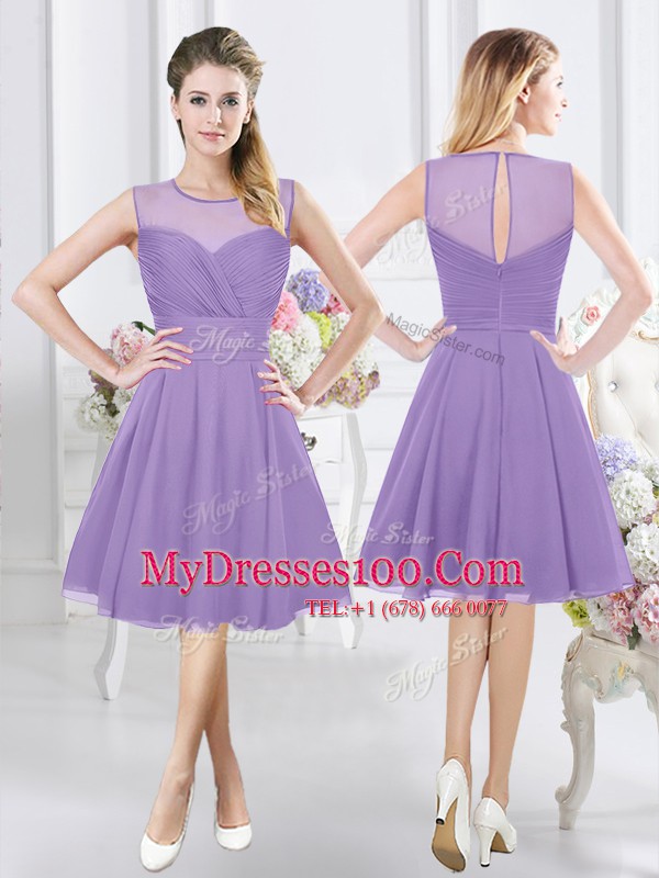 Lavender Bridesmaid Gown Prom and Party and Wedding Party and For with Lace and Ruching and Hand Made Flower Scoop Sleeveless Zipper