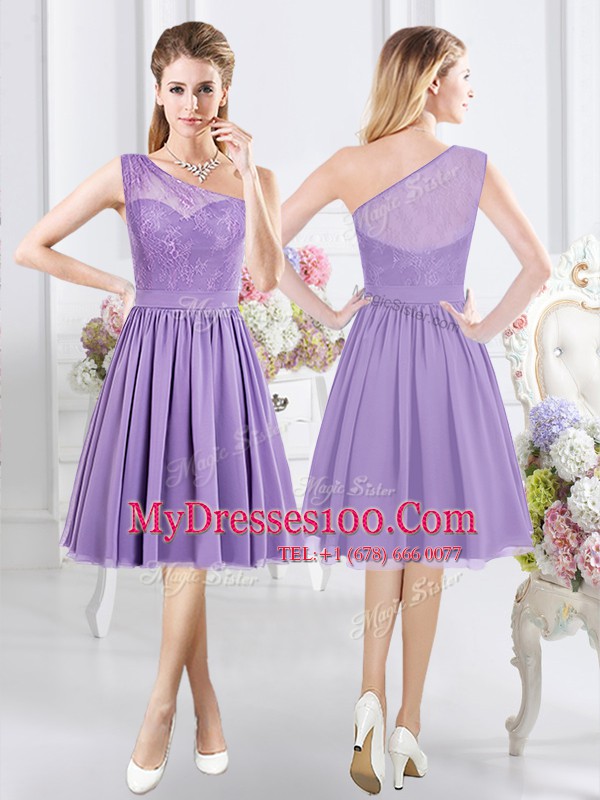 Lavender Bridesmaid Gown Prom and Party and Wedding Party and For with Lace and Ruching and Hand Made Flower Scoop Sleeveless Zipper