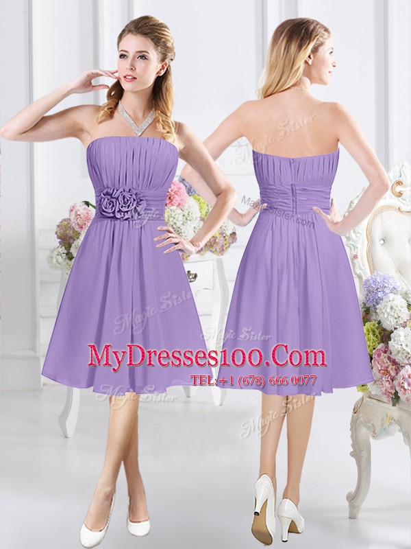 Lavender Bridesmaid Gown Prom and Party and Wedding Party and For with Lace and Ruching and Hand Made Flower Scoop Sleeveless Zipper