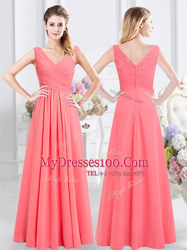 Sleeveless Zipper Floor Length Ruching Bridesmaid Gown