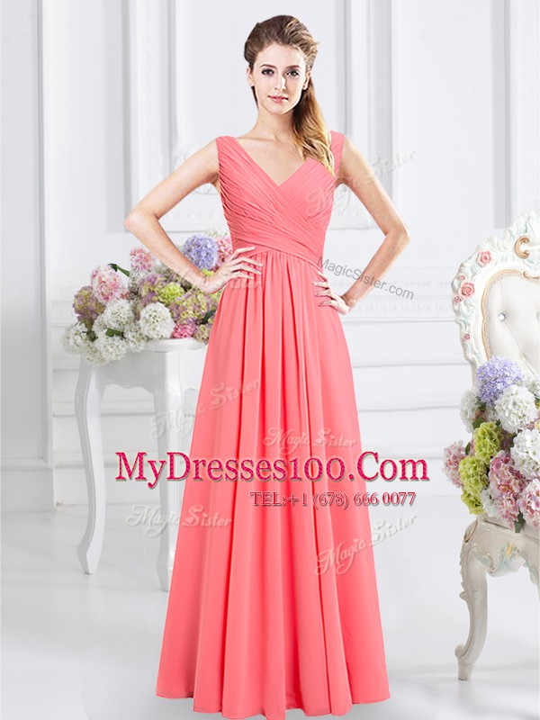 Sleeveless Zipper Floor Length Ruching Bridesmaid Gown