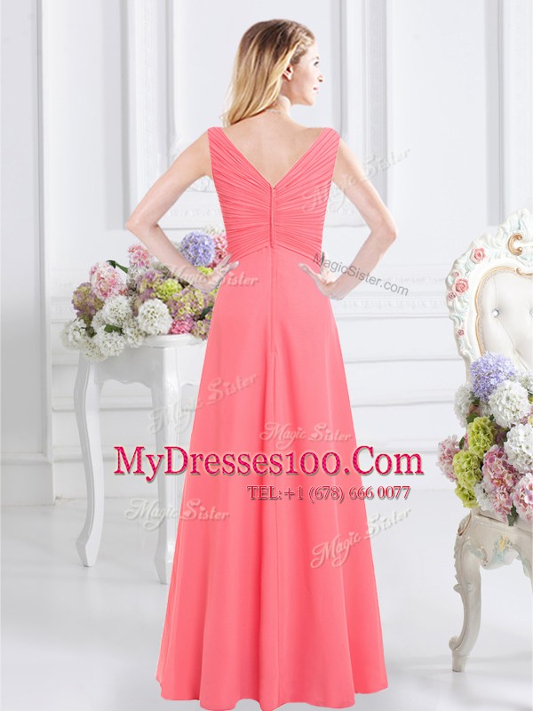 Sleeveless Zipper Floor Length Ruching Bridesmaid Gown