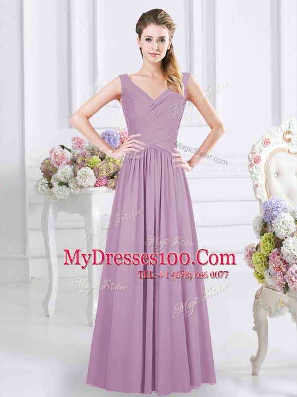 Chiffon Sleeveless Zipper Ruching Bridesmaids Dress in Lavender