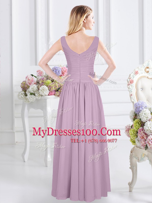 Chiffon Sleeveless Zipper Ruching Bridesmaids Dress in Lavender