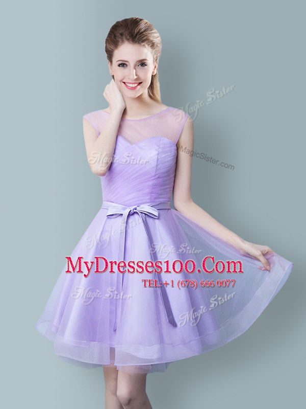 Fabulous Straps Lavender Cap Sleeves Ruching and Bowknot Knee Length Bridesmaid Dresses