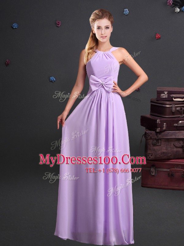 Beauteous Halter Top Sleeveless Chiffon Wedding Guest Dresses Ruching and Bowknot Zipper