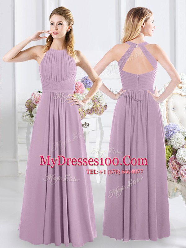 Excellent Chiffon Halter Top Sleeveless Zipper Ruching Bridesmaid Gown in Lavender