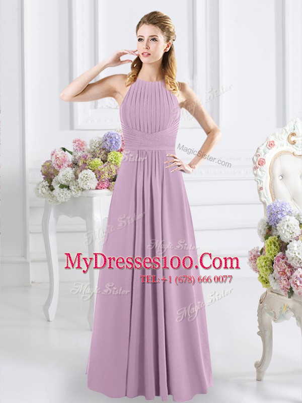 Excellent Chiffon Halter Top Sleeveless Zipper Ruching Bridesmaid Gown in Lavender