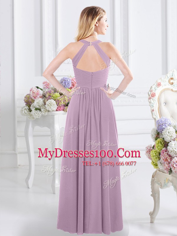 Excellent Chiffon Halter Top Sleeveless Zipper Ruching Bridesmaid Gown in Lavender