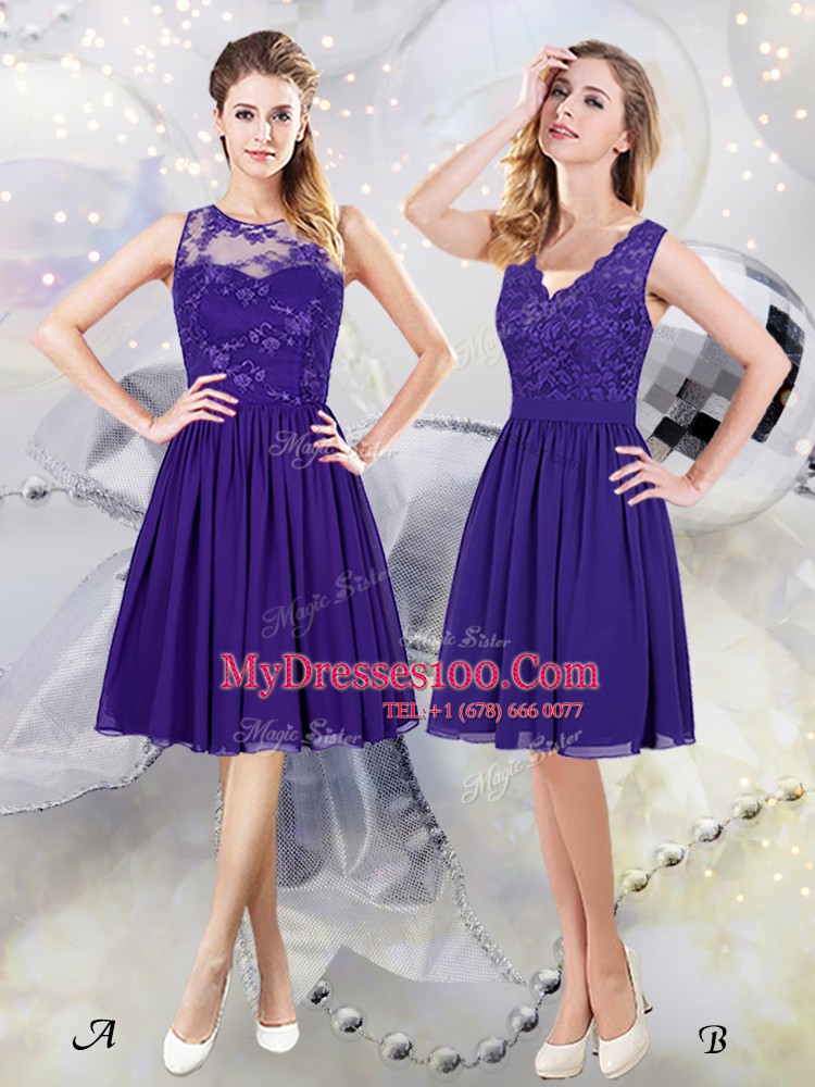 Scoop See Through Chiffon Sleeveless Knee Length Bridesmaid Dress and Lace and Appliques
