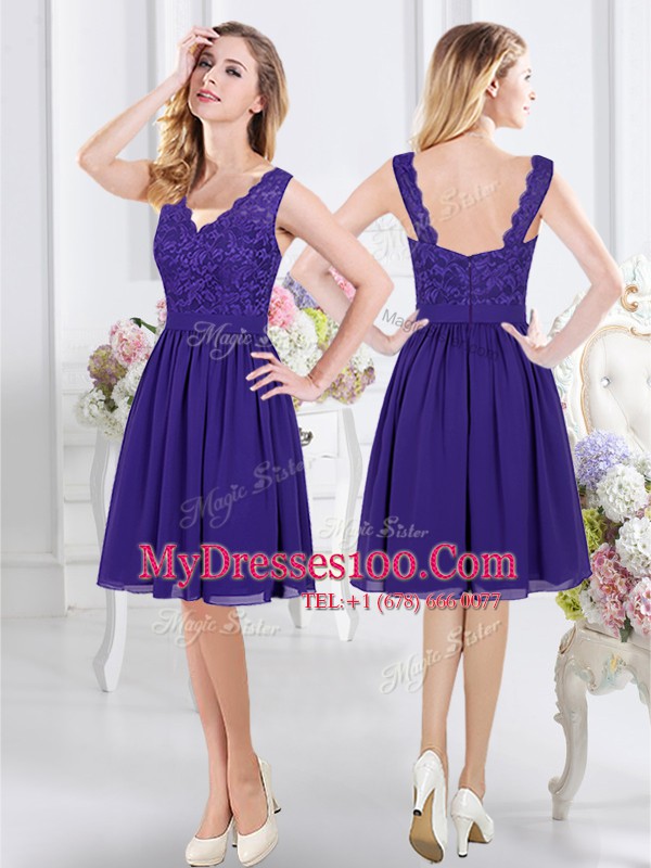Scoop See Through Chiffon Sleeveless Knee Length Bridesmaid Dress and Lace and Appliques