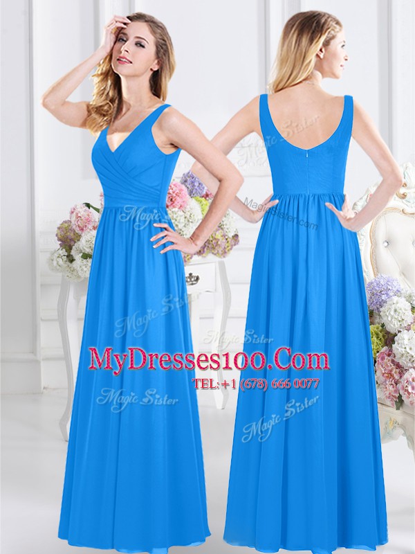 Hot Selling Baby Blue Zipper Bridesmaid Dress Ruching Sleeveless Floor Length