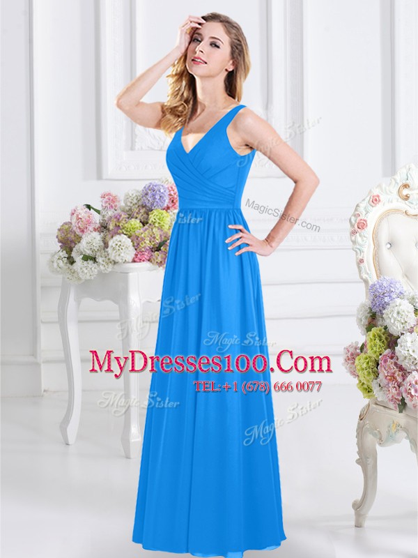 Hot Selling Baby Blue Zipper Bridesmaid Dress Ruching Sleeveless Floor Length