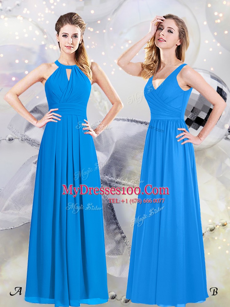 Hot Selling Baby Blue Zipper Bridesmaid Dress Ruching Sleeveless Floor Length