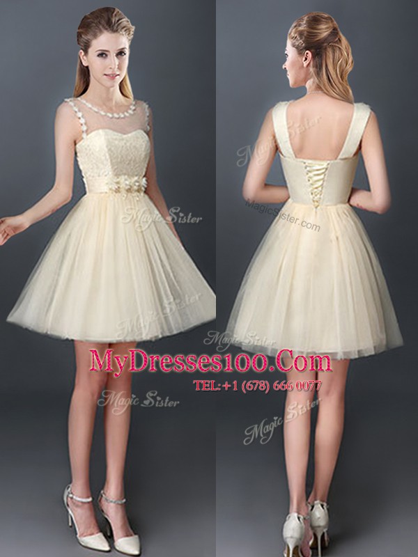 Scoop Mini Length Lace Up Vestidos de Damas Champagne for Prom and Party and Wedding Party with Lace and Hand Made Flower