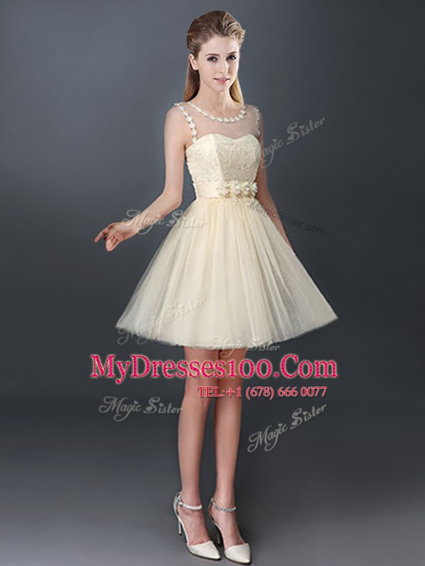 Scoop Mini Length Lace Up Vestidos de Damas Champagne for Prom and Party and Wedding Party with Lace and Hand Made Flower