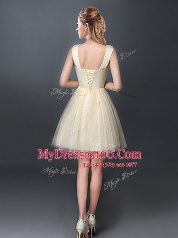Scoop Mini Length Lace Up Vestidos de Damas Champagne for Prom and Party and Wedding Party with Lace and Hand Made Flower
