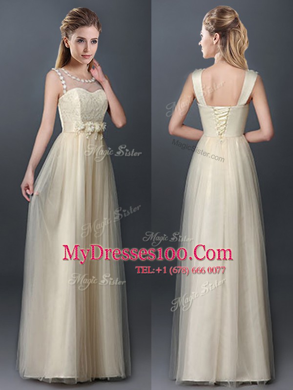 Noble Scoop Sleeveless Lace and Hand Made Flower Lace Up Dama Dress for Quinceanera