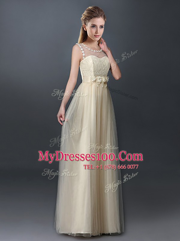 Noble Scoop Sleeveless Lace and Hand Made Flower Lace Up Dama Dress for Quinceanera