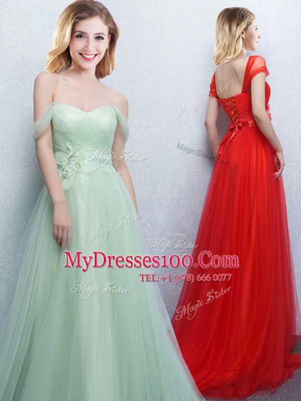 Off the Shoulder Apple Green Empire Appliques and Ruching Quinceanera Court of Honor Dress Lace Up Tulle Sleeveless With Train