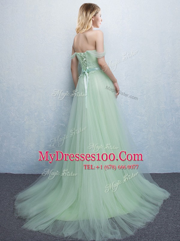 Off the Shoulder Apple Green Empire Appliques and Ruching Quinceanera Court of Honor Dress Lace Up Tulle Sleeveless With Train