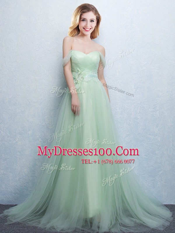 Off the Shoulder Apple Green Empire Appliques and Ruching Quinceanera Court of Honor Dress Lace Up Tulle Sleeveless With Train