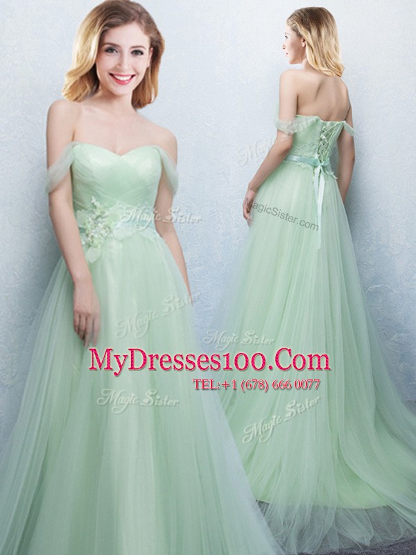 Off the Shoulder Apple Green Empire Appliques and Ruching Quinceanera Court of Honor Dress Lace Up Tulle Sleeveless With Train