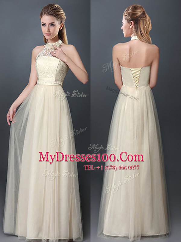 Halter Top Sleeveless Lace Up Bridesmaids Dress Champagne Tulle