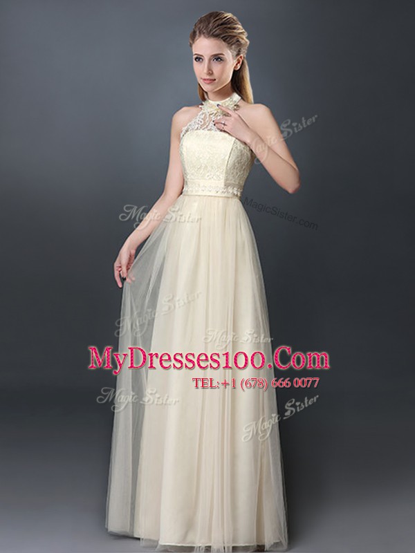 Halter Top Sleeveless Lace Up Bridesmaids Dress Champagne Tulle