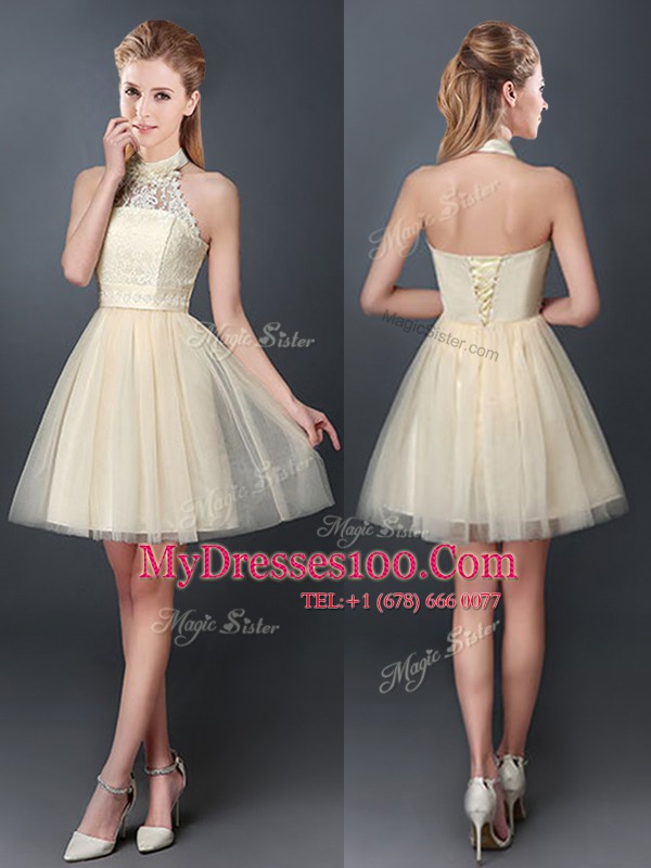 Halter Top Champagne Sleeveless Tulle Lace Up Quinceanera Court Dresses for Prom and Party and Wedding Party
