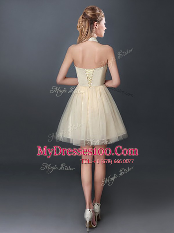 Halter Top Champagne Sleeveless Tulle Lace Up Quinceanera Court Dresses for Prom and Party and Wedding Party