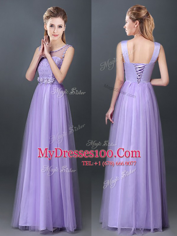 Lavender Scoop Neckline Lace and Hand Made Flower Bridesmaids Dress Sleeveless Lace Up