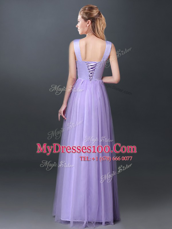 Lavender Scoop Neckline Lace and Hand Made Flower Bridesmaids Dress Sleeveless Lace Up