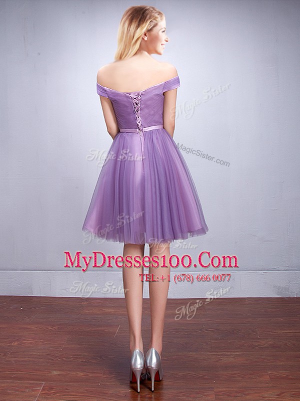 Noble Off the Shoulder Lavender Sleeveless Ruching and Belt Knee Length Court Dresses for Sweet 16