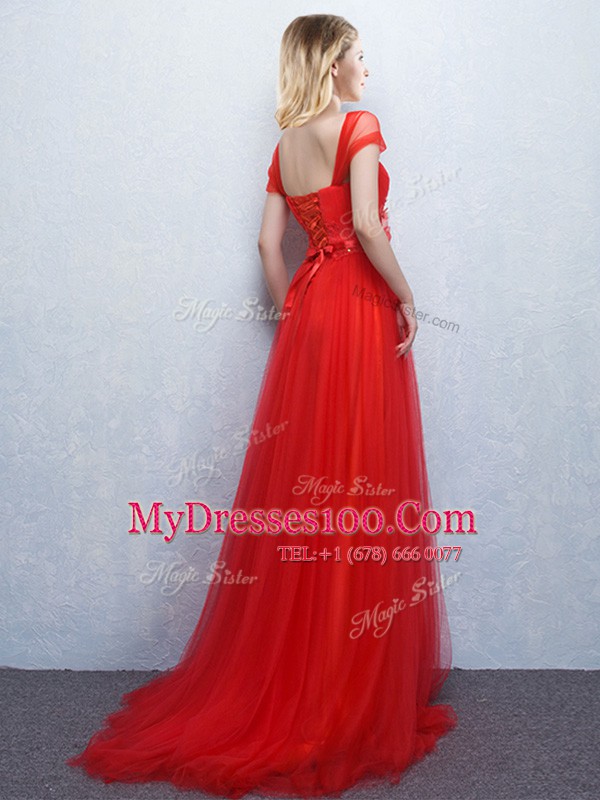 Beauteous Off the Shoulder Red Lace Up Damas Dress Appliques and Ruching Sleeveless With Brush Train