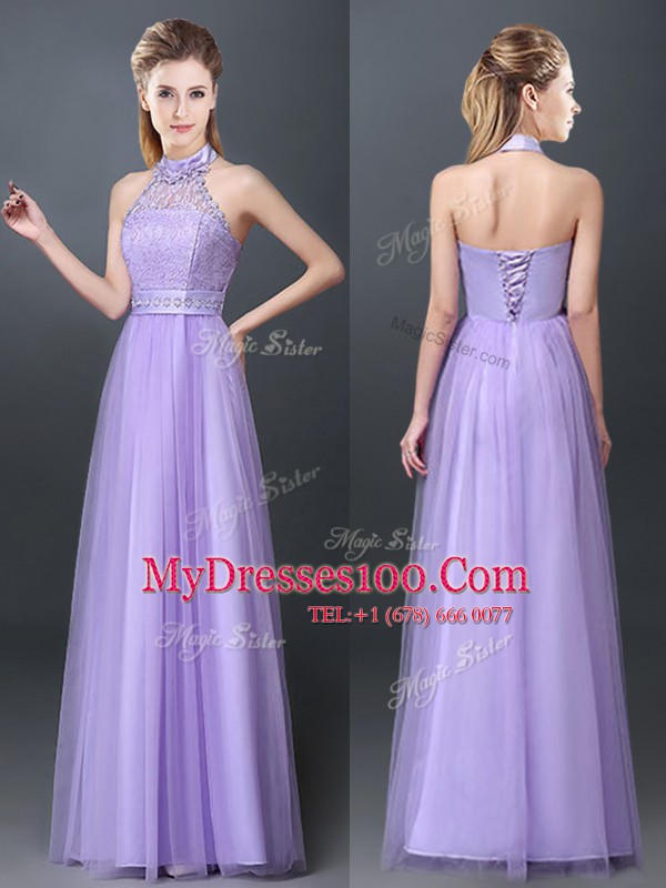 Luxurious Halter Top Sleeveless Lace and Appliques Lace Up Wedding Party Dress