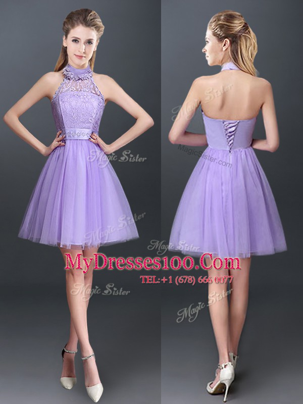 Delicate Lavender Tulle Lace Up Halter Top Sleeveless Mini Length Dama Dress for Quinceanera Lace and Appliques