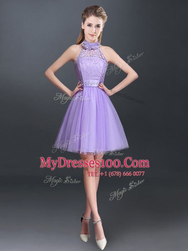 Delicate Lavender Tulle Lace Up Halter Top Sleeveless Mini Length Dama Dress for Quinceanera Lace and Appliques