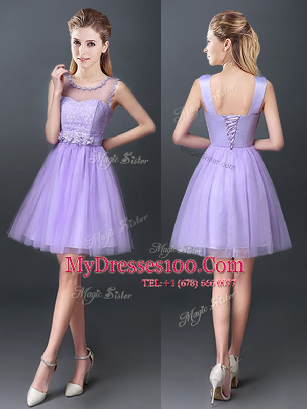 Customized Scoop Lavender Sleeveless Tulle Lace Up Dama Dress for Prom and Party and Wedding Party