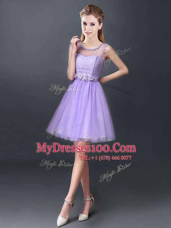 Customized Scoop Lavender Sleeveless Tulle Lace Up Dama Dress for Prom and Party and Wedding Party