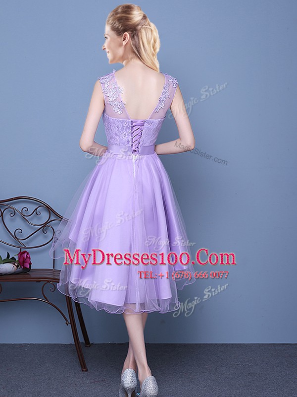 Traditional Scoop Lavender Sleeveless Organza Lace Up Quinceanera Dama Dress for Prom