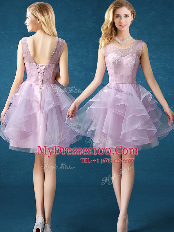 Popular A-line Quinceanera Court Dresses Lavender Scoop Organza and Tulle Sleeveless Knee Length Lace Up
