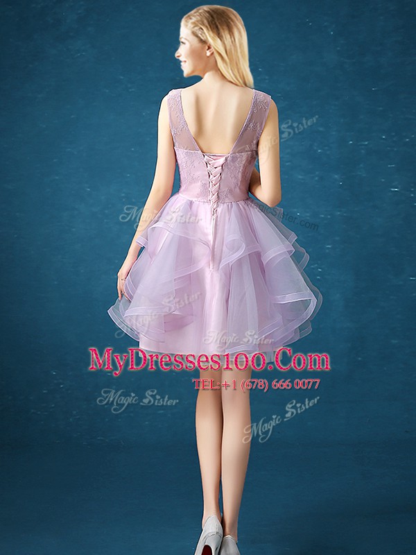 Popular A-line Quinceanera Court Dresses Lavender Scoop Organza and Tulle Sleeveless Knee Length Lace Up