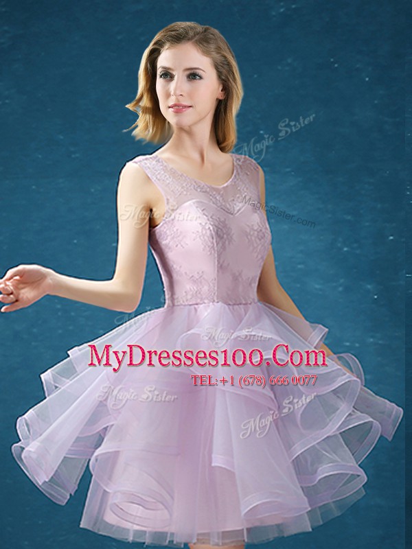 Popular A-line Quinceanera Court Dresses Lavender Scoop Organza and Tulle Sleeveless Knee Length Lace Up