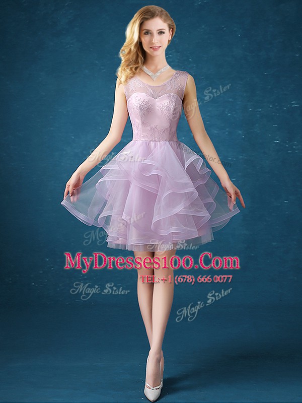 Popular A-line Quinceanera Court Dresses Lavender Scoop Organza and Tulle Sleeveless Knee Length Lace Up