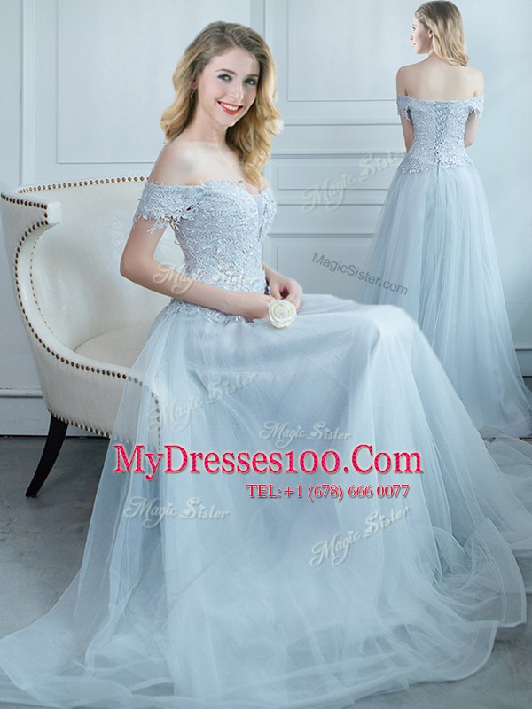 Free and Easy Off the Shoulder Light Blue Cap Sleeves Beading and Appliques Floor Length Bridesmaids Dress