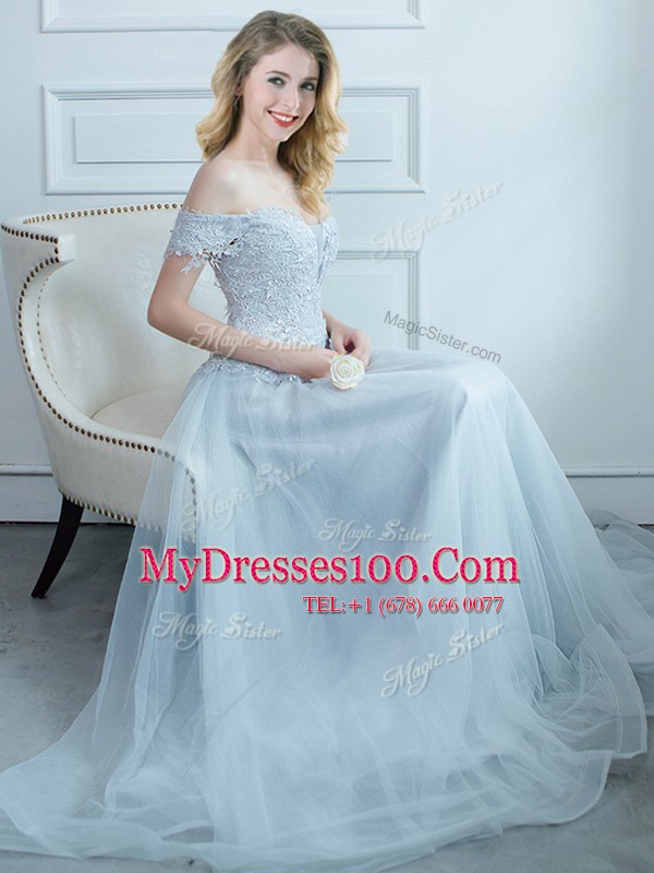 Free and Easy Off the Shoulder Light Blue Cap Sleeves Beading and Appliques Floor Length Bridesmaids Dress