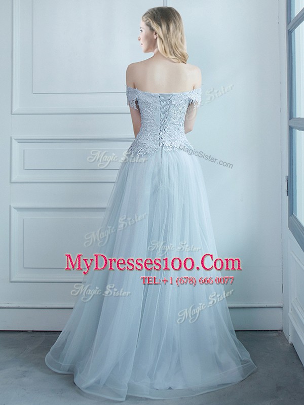 Free and Easy Off the Shoulder Light Blue Cap Sleeves Beading and Appliques Floor Length Bridesmaids Dress